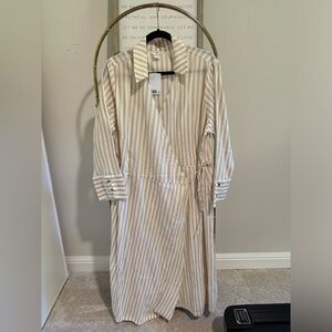 H&M Beige and White Striped Midi Wrap Dress